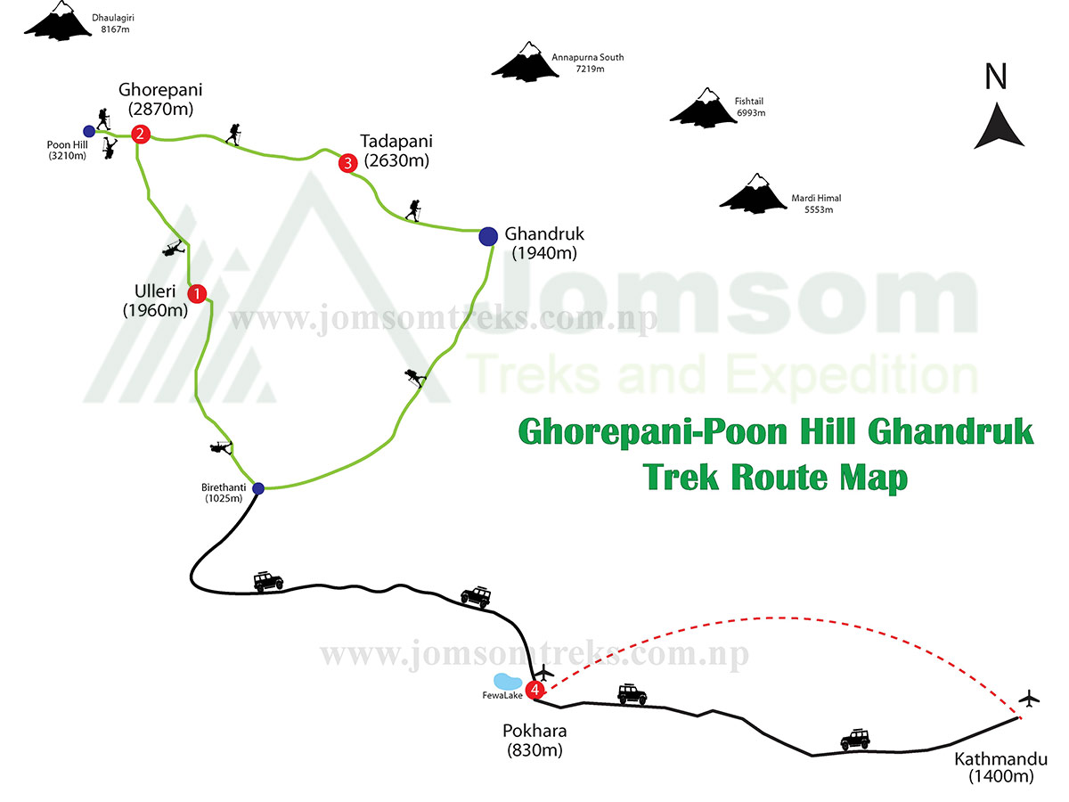 Ghorepani, Poonhill trekking route map, Nepal.
